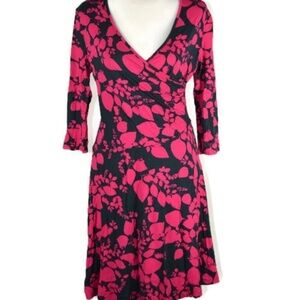 Garnet Hill Black and Hot Pink Floral Midi Wrap Dress